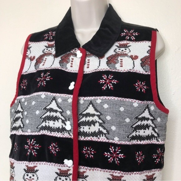 TanTrums Tapestry Snowmen Christmas Trees Velvet Collar Satin Back Vest Small - Picture 3 of 13